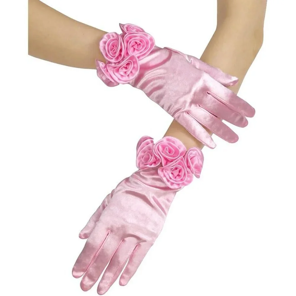 Women's Pink Elegant Floral Satin Short Gloves Wedding Party Accessories